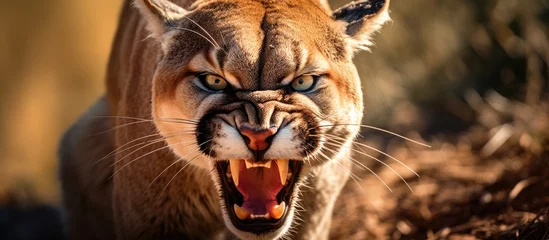 Foto op Canvas Close-up of an angry mountain lion. © TheWaterMeloonProjec