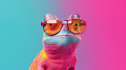 Fototapeta premium chameleon wearing sunglasses on a solid color background, vector art, digital art, faceted, minimal, abstract. 
