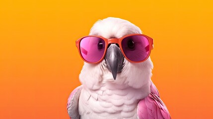 White bellied Caique wearing sunglasses on a solid color background, vector art, digital art, faceted, minimal, abstract.

