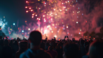 Fototapeta na wymiar Menschenmenge bei Festival mit Feuerwerk in der Silvesternacht 