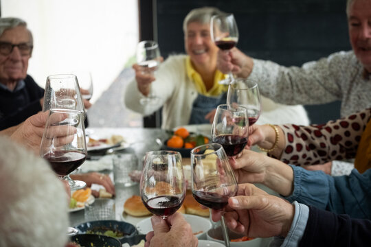 This heartwarming image shows a group of senior friends gathered around a dining table, making a toast with glasses of red wine. Their faces are filled with smiles and laughter, embodying a spirit of