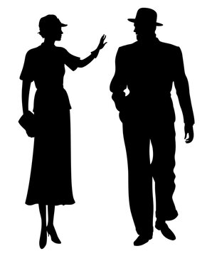 Silhouettes of young couple in thirties clothes where woman waves with her hand a walking man with fedora hat.