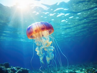 Fototapeta na wymiar Vibrant Jellyfish Underwater Scene with Sunlight