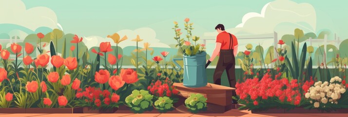 Gardener taking care of his flowers in the garden, banner illustration