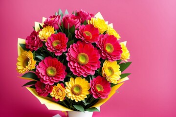 Beautiful bouquet of different flowers in vase on pink background