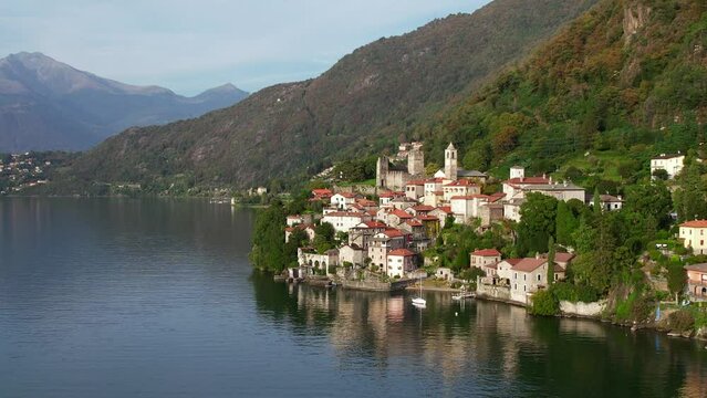 Aerial view above Bellano Italy on lake Como at sunset