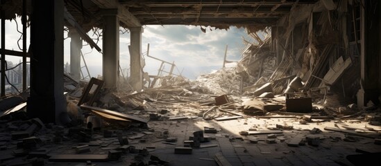 Damaged building interior due to disaster or natural catastrophe - obrazy, fototapety, plakaty