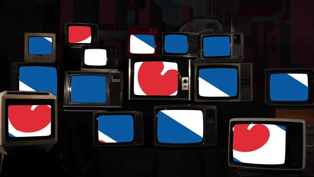 Flag of the Province of Friesland or Frisian Flag of the Netherlands and Vintage Televisions. 4K Resolution.