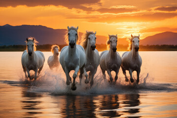 Herd of white horses running in water at sunset. Camargue, France - obrazy, fototapety, plakaty