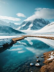 Fantastic winter landscape with snow-capped mountains and blue lake, lake and mountains, landscape with lake, A stunning winter landscape featuring snow-capped mountains and a serene blue lake