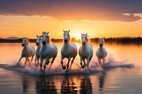 Herd of white horses running in water at sunset. Camargue, France