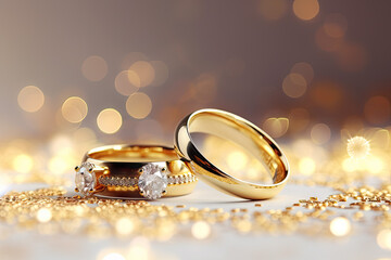 Two golden wedding rings with sparkles on bokeh background