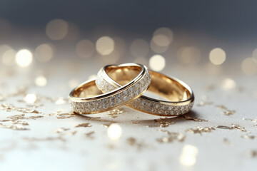 Obraz na płótnie Canvas Two golden wedding rings with sparkles on bokeh background