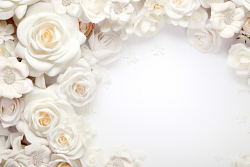 Beautiful white flowers on white wall background. Wedding or Valentine's day concept