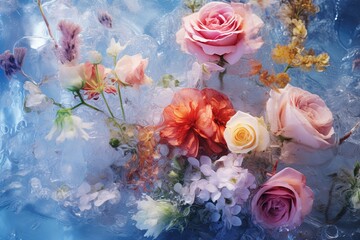 Beautiful frozen bouquet of flowers, background of multi-colored flowers in ice