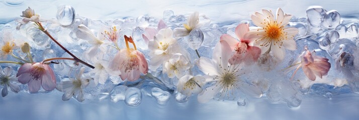 Beautiful frozen bouquet of flowers, background of multi-colored flowers in ice, banner