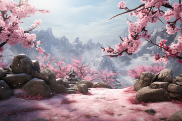 Cherry blossoms and Japanese temple in winter