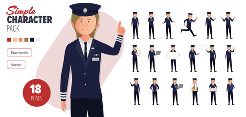 Simple flat British female airline pilot vector character, in a set of multiple poses. Easy to edit and isolated on a white background. Modern trendy style character mega pack with lots of poses. - obrazy, fototapety, plakaty