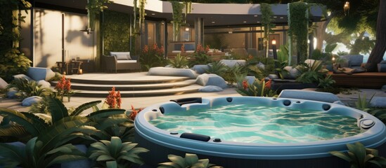 Modern recreation theme in a residential garden with a close-up of a hot tub, jacuzzi, fountain, and skimmer.