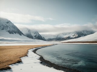 Landscape with mountains, snow and ocean, lake and mountains in winter, lake and mountains in polar regions, Landscape featuring mountains, snow, ocean, and lakes in winter