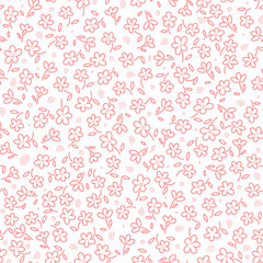 Seamless floral pattern of stylized flowers in outline doodle style. Pink color. Romantic wallpaper.