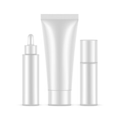Blank Plastic Packaging, Tube, Dropper, Cosmetic Bottle, Isolated On White Background. Vector Illustration