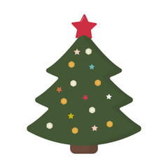 Simple Flat Christmas Tree With Red Star, Isolated On White Background. Vector Illustration