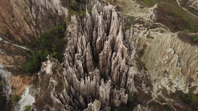 Aerial drone footage of Los Estoraques Unique Natural Area, Colombia, Latin America. Beautiful colombian sharp rocks. Beautiful landscape in the Norte de Santander region of Colombia. 4K footage.
