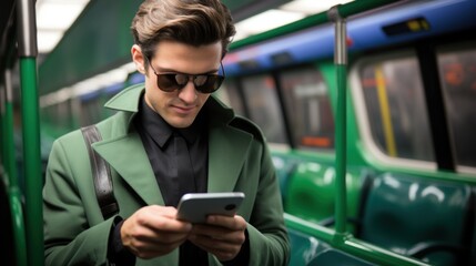 A man in sunglasses and a green coat using his cell phone, AI