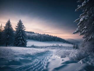 Fototapeta na wymiar winter night landscape. snowy forest and fir branches, sunrise in the mountains, sunrise in the forest, winter landscape in the mountains, Snowy forest and fir branches in a winter night landscape