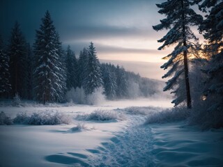 winter night landscape. snowy forest and fir branches, sunrise in the mountains, sunrise in the forest, winter landscape in the mountains, Snowy forest and fir branches in a winter night landscape