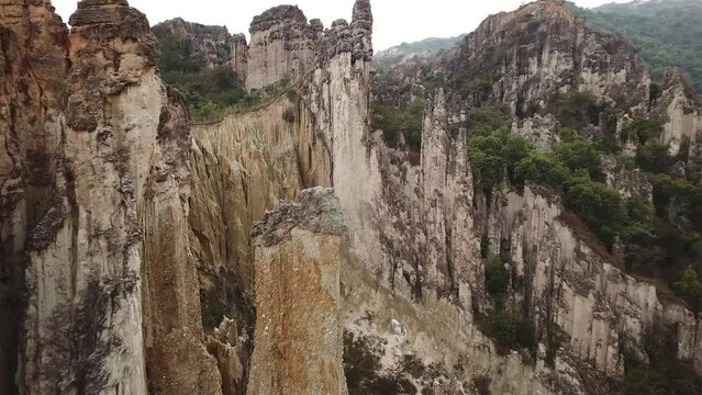 Aerial drone footage of Los Estoraques Unique Natural Area, Colombia, Latin America. Beautiful colombian sharp rocks. Beautiful landscape in the Norte de Santander region of Colombia. 4K footage.