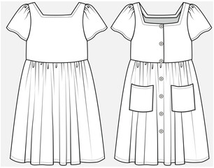 SQUARE NECKLINE DRESS WITH PATCH POCKET DETAIL DESIGNED FOR TEEN AND KID GIRLS IN VECTOR ILLUSTRATION FILE