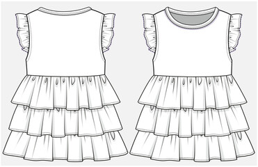 SLEEVELESS DRESS WITH FRILL AND TIERED LAYERED DRESS DESIGNED FOR TODDLER AND KID GIRLS IN VECTOR ILLUSTRATION FILE