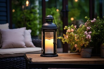 Cozy warm evening after work on your outside terrace overlooking the garden, terrace with a comfortable sofa and lights and table lamps