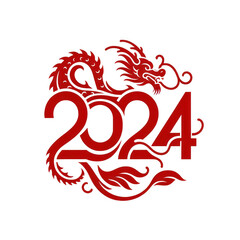 Classic chinese dragon in red, curled around the year 2024, symbolizing luck for the upcoming year