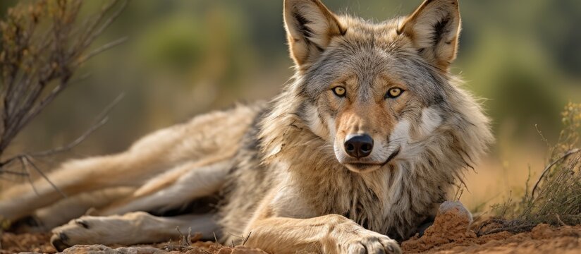 Winter fur adorned Iberian wolf. Canis lupus signatus. Iberian Wolf Center. Located in Zamora, Spain.