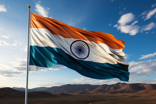 Indian republic day concept. Hand holding Indian flag on sky background. 26 January.