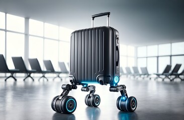 Fototapeta na wymiar a travel suitcase designed as a smart robot, autonomously walking on its own