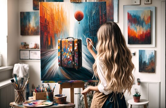 a girl painting a canvas that artistically represents a travel suitcase.