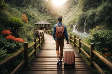 a young man walking on a wooden path and pulling a suitcase