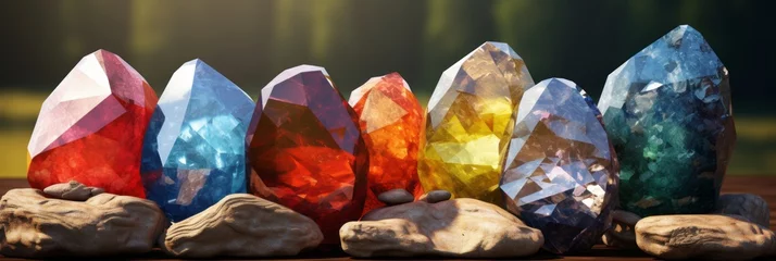 Poster Beautiful multi-colored gemstones minerals on a dark background © serz72