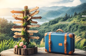 a travel suitcase beside a wooden signpost
