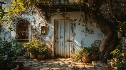 abandoned magical room with white walls and windows and sprouting plants in it