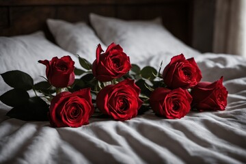 Beautiful red roses and petals on bed