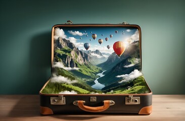 a suitcase containing a natural landscape of mountains and valleys