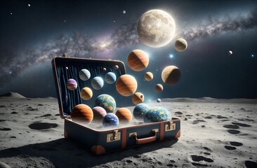 an open travel suitcase with some planets coming out of it