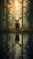 Elk with big horns close-up in a twilight forest in the fog near a lake or river, reflection of the elk in the water