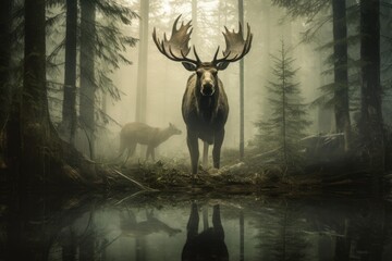 Elk with big horns close-up in a twilight forest in the fog near a lake or river, reflection of the elk in the water