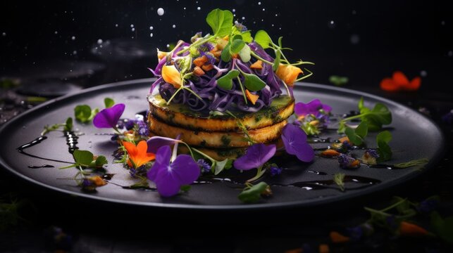  a black plate topped with a stack of cakes covered in purple frosting and sprinkled with purple and orange flowers.